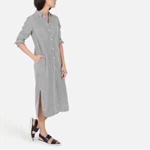 Everlane The Midi Cotton Shirt Dress poplin pinstripe  gray white button up